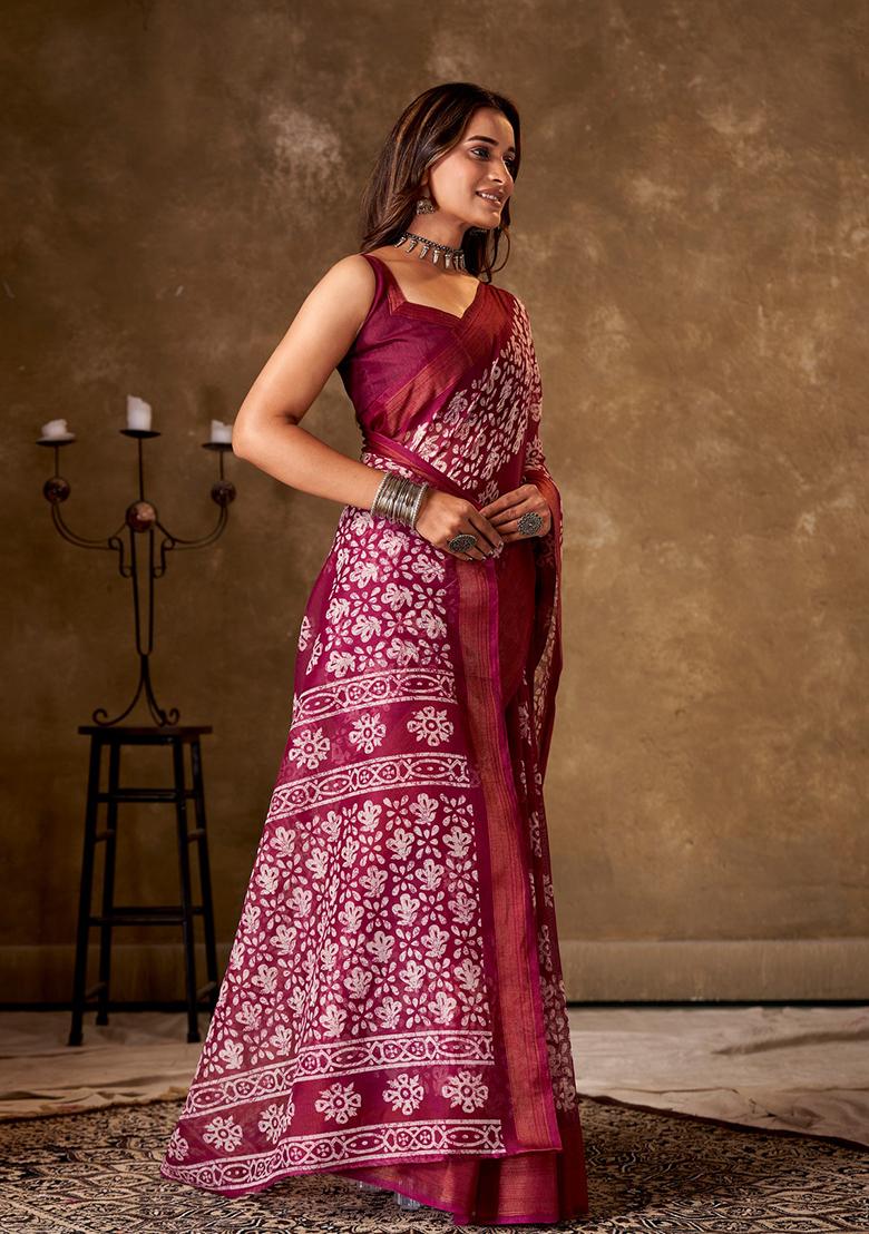 Rani Pink Printed Cotton Saree Set