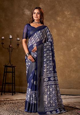 Navy Blue Printed Cotton Saree Set