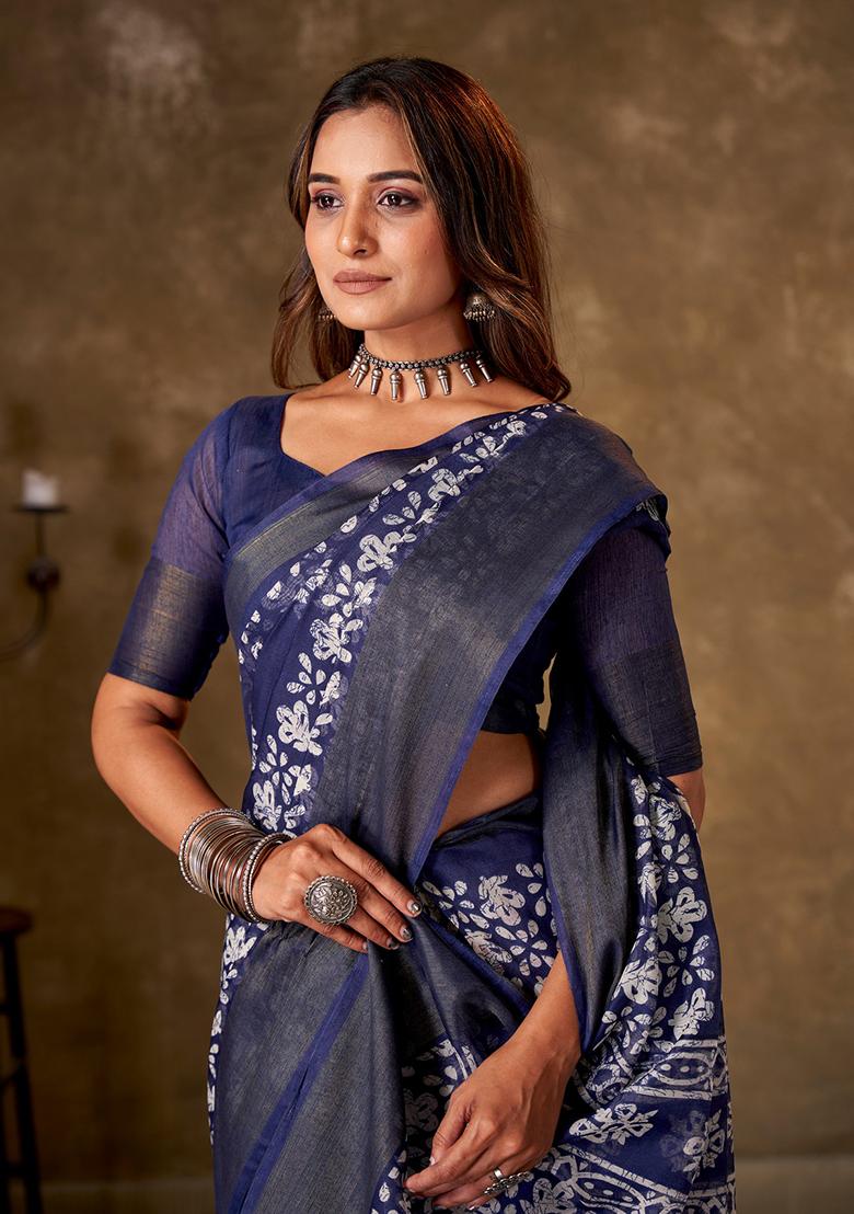 Navy Blue Printed Cotton Saree Set
