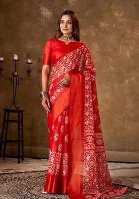 Orange Printed Cotton Saree Set