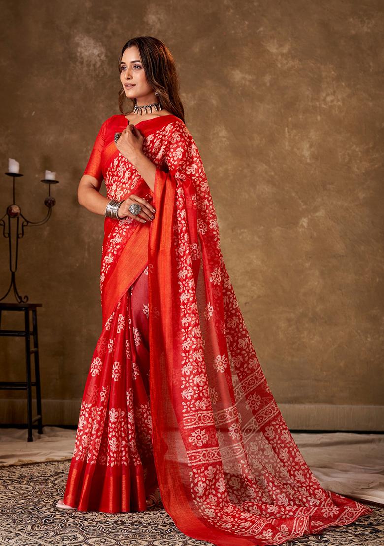 Orange Printed Cotton Saree Set