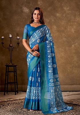 Blue Printed Cotton Saree Set