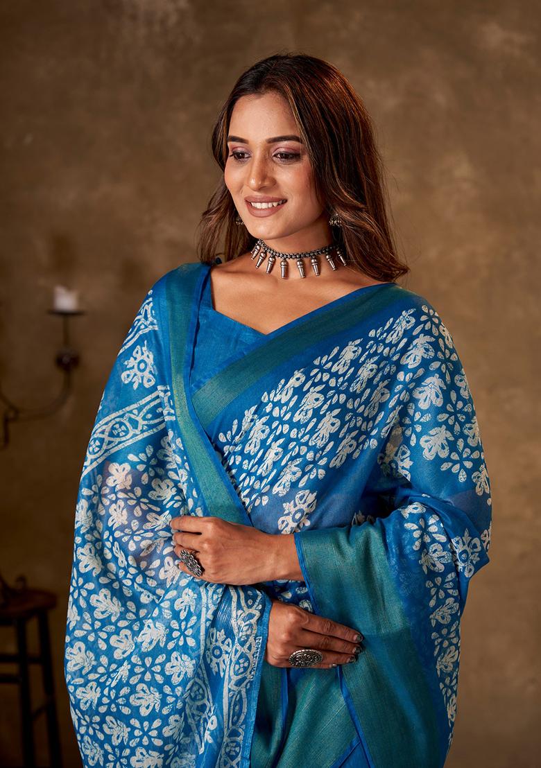 Blue Printed Cotton Saree Set