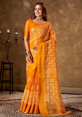 Mustard Printed Cotton Saree Set