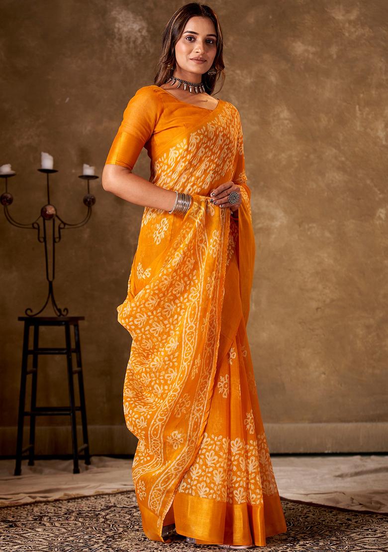 Mustard Printed Cotton Saree Set
