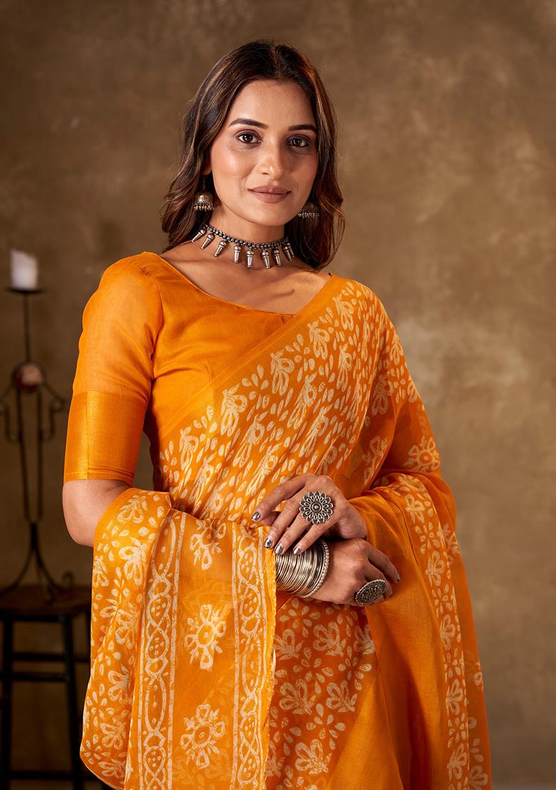 Mustard Printed Cotton Saree Set