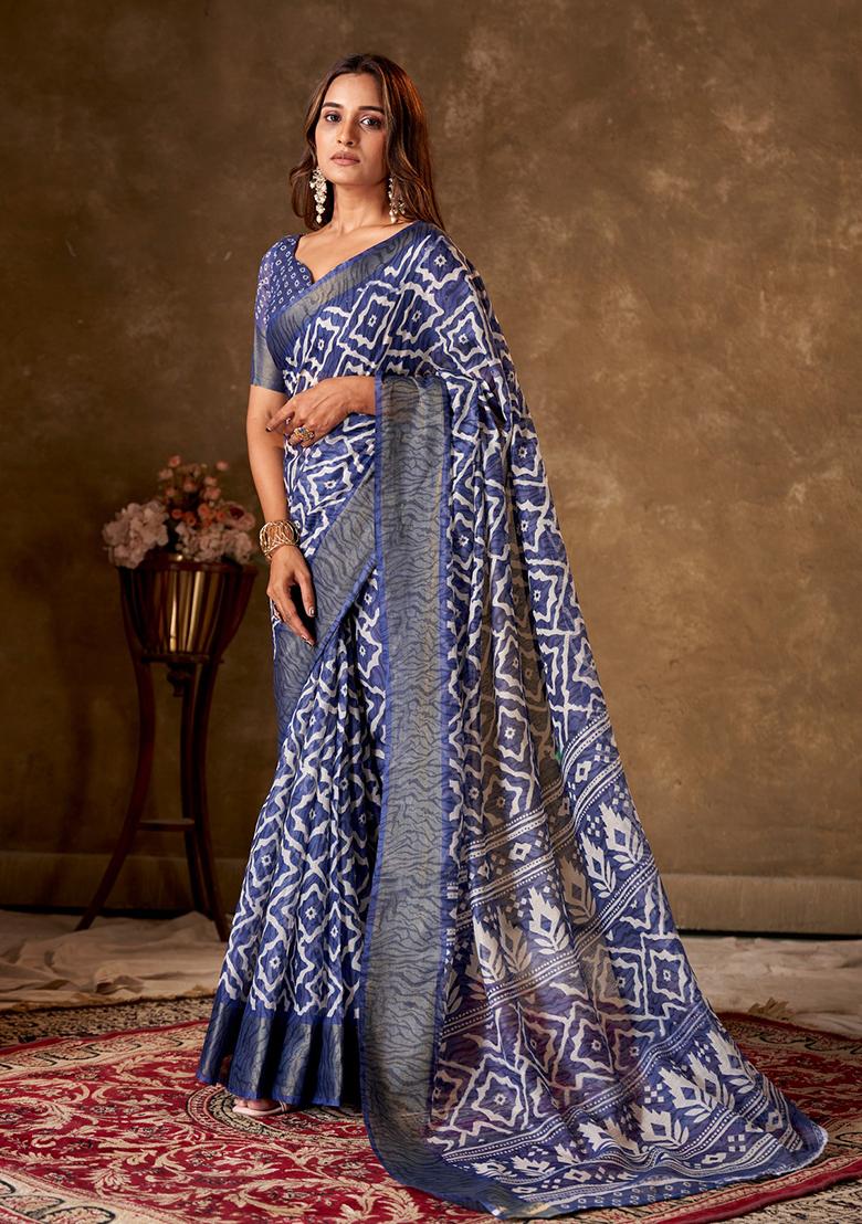 Blue Printed Cotton Saree Set