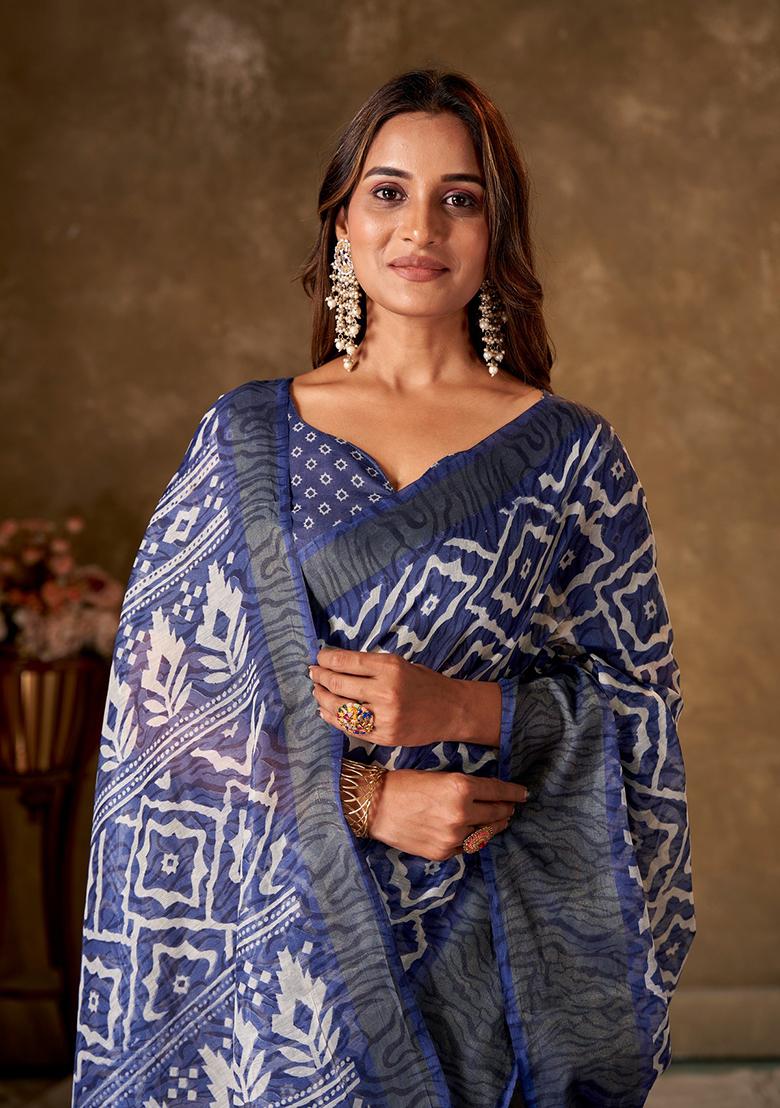 Blue Printed Cotton Saree Set