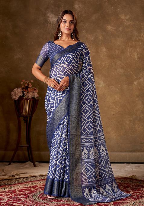 Blue Printed Cotton Saree Set