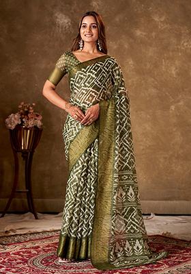 Olive Printed Cotton Saree Set