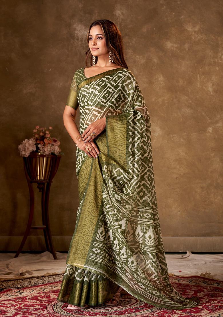 Olive Printed Cotton Saree Set