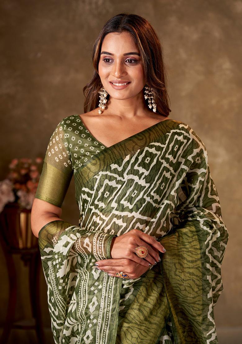Olive Printed Cotton Saree Set