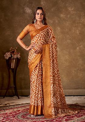 Metallic Brown Printed Cotton Saree Set