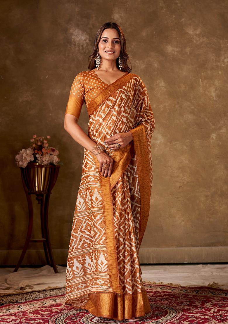 Metallic Brown Printed Cotton Saree Set