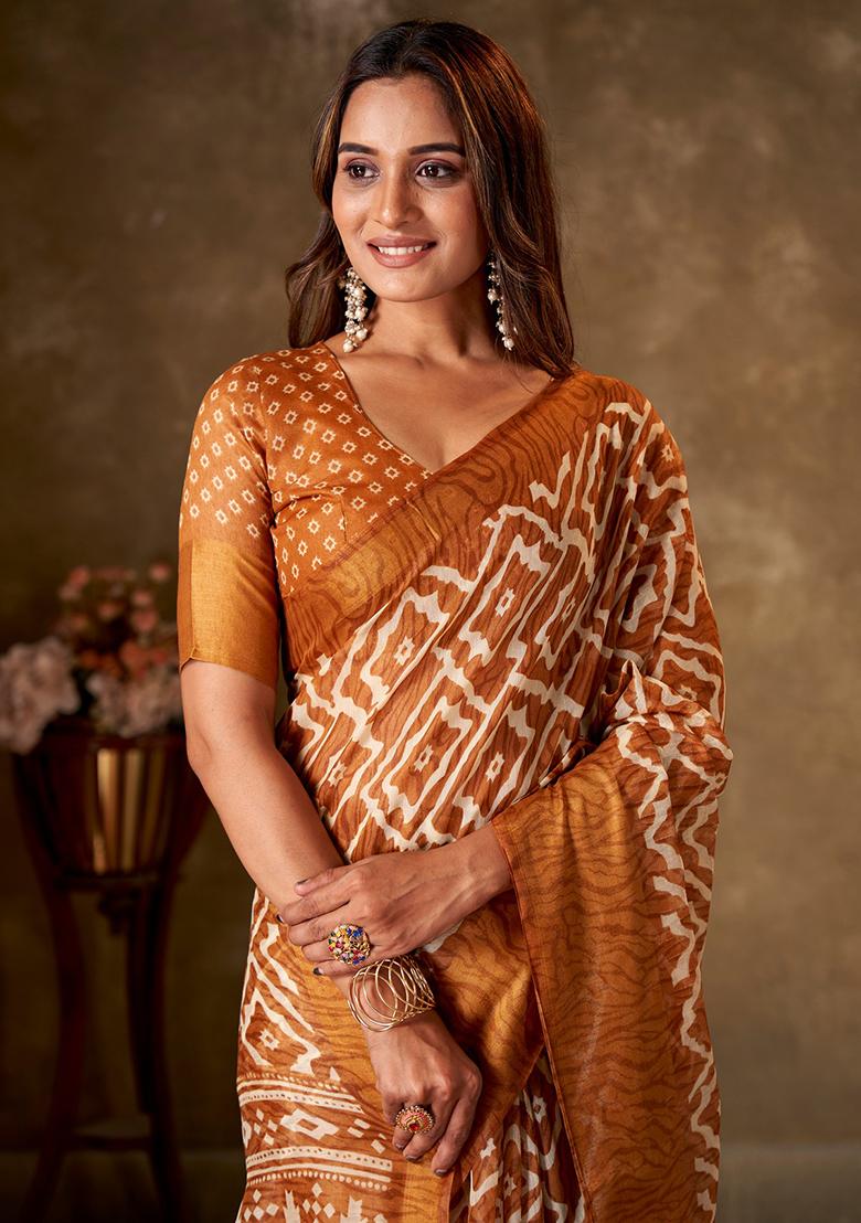 Metallic Brown Printed Cotton Saree Set