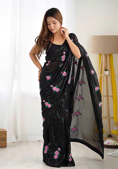 Black Sequin Thread Embroidered Georgette Saree Set