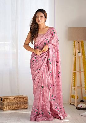 Onion Pink Sequin Thread Embroidered Georgette Saree Set
