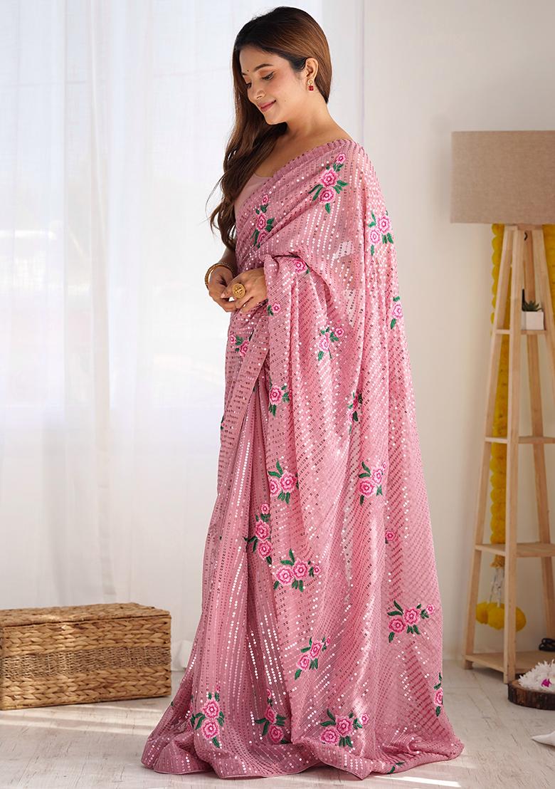Onion Pink Sequin Thread Embroidered Georgette Saree Set
