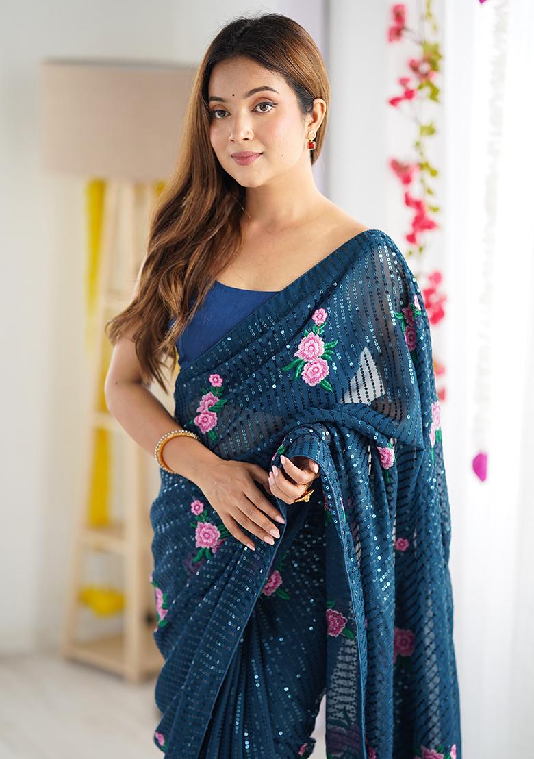 Teal Blue Sequin Thread Embroidered Georgette Saree Set