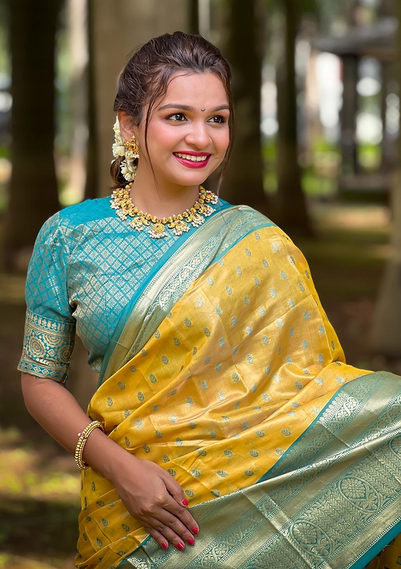Yellow Zari Woven Tissue Silk Saree Set
