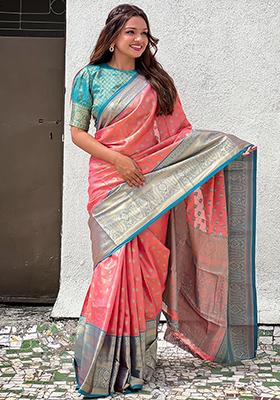 Rust Zari Woven Tissue Silk Saree Set