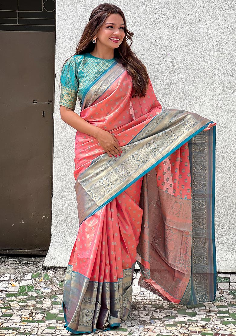 Rust Zari Woven Tissue Silk Saree Set