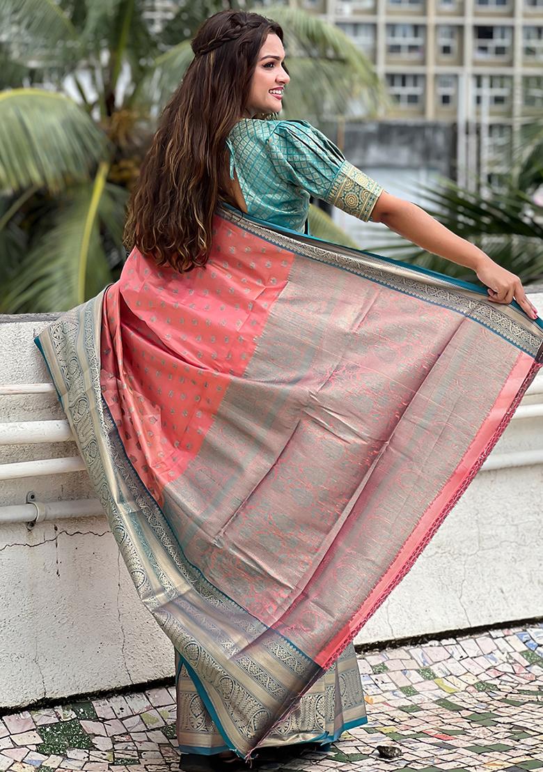 Rust Zari Woven Tissue Silk Saree Set