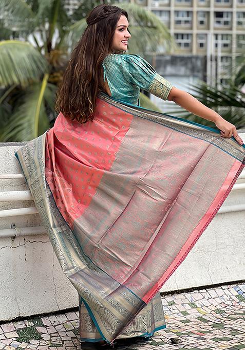 Rust Zari Woven Tissue Silk Saree Set