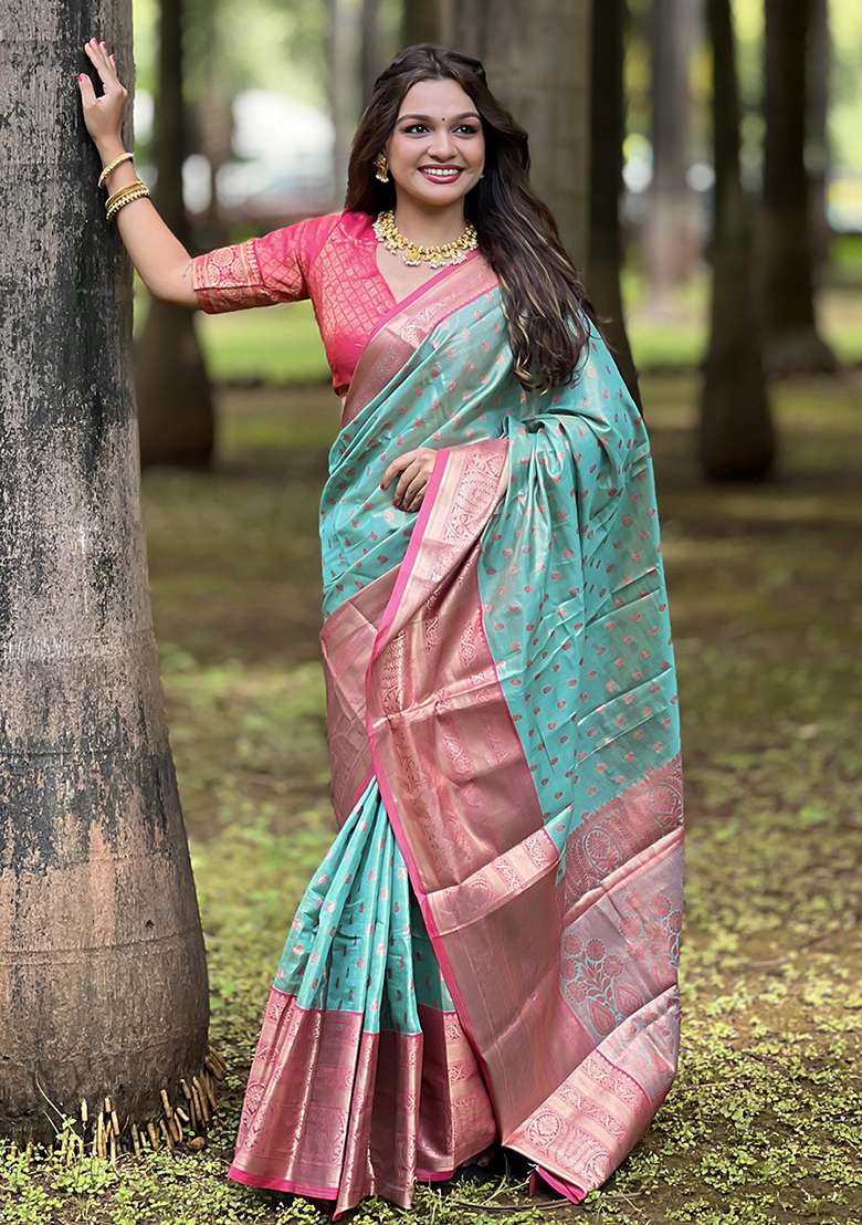 Blue Zari Woven Tissue Silk Saree Set - Indya