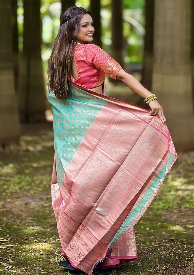 Blue Zari Woven Tissue Silk Saree Set - Indya