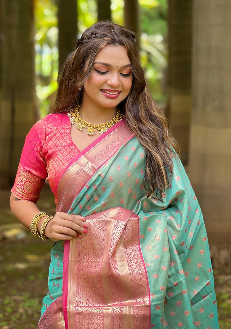 Blue Zari Woven Tissue Silk Saree Set