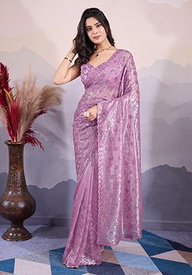 Purple Sequin Embroidered Twill Net Saree Set