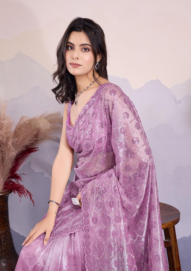 Purple Sequin Embroidered Twill Net Saree Set