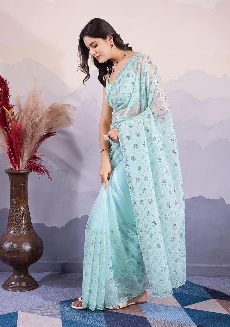 Sea Green Sequin Embroidered Twill Net Saree Set