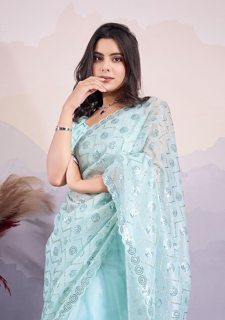Sea Green Sequin Embroidered Twill Net Saree Set