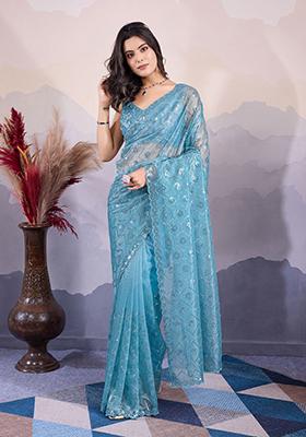 Blue Sequin Embroidered Twill Net Saree Set
