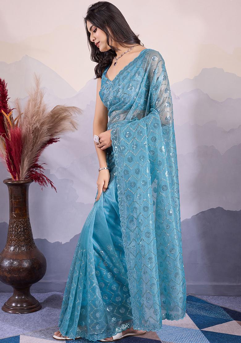 Blue Sequin Embroidered Twill Net Saree Set