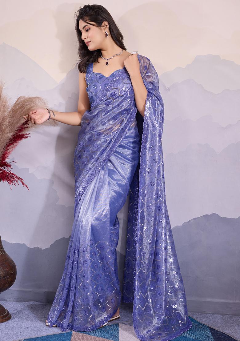 Lavender Sequin Embroidered Twill Net Saree Set