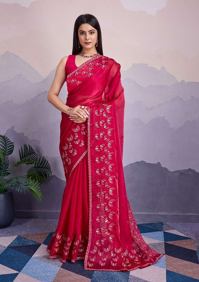 Pink Sequin Thread Embroidered Jimmy Silk Saree Set - Indya