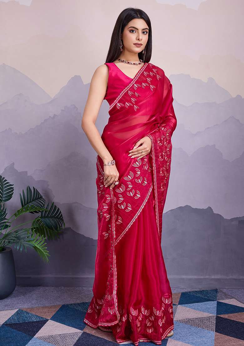 Pink Sequin Thread Embroidered Jimmy Silk Saree Set - Indya