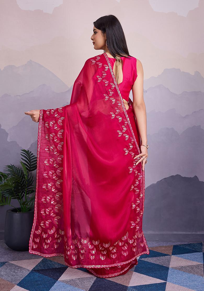 Pink Sequin Thread Embroidered Jimmy Silk Saree Set
