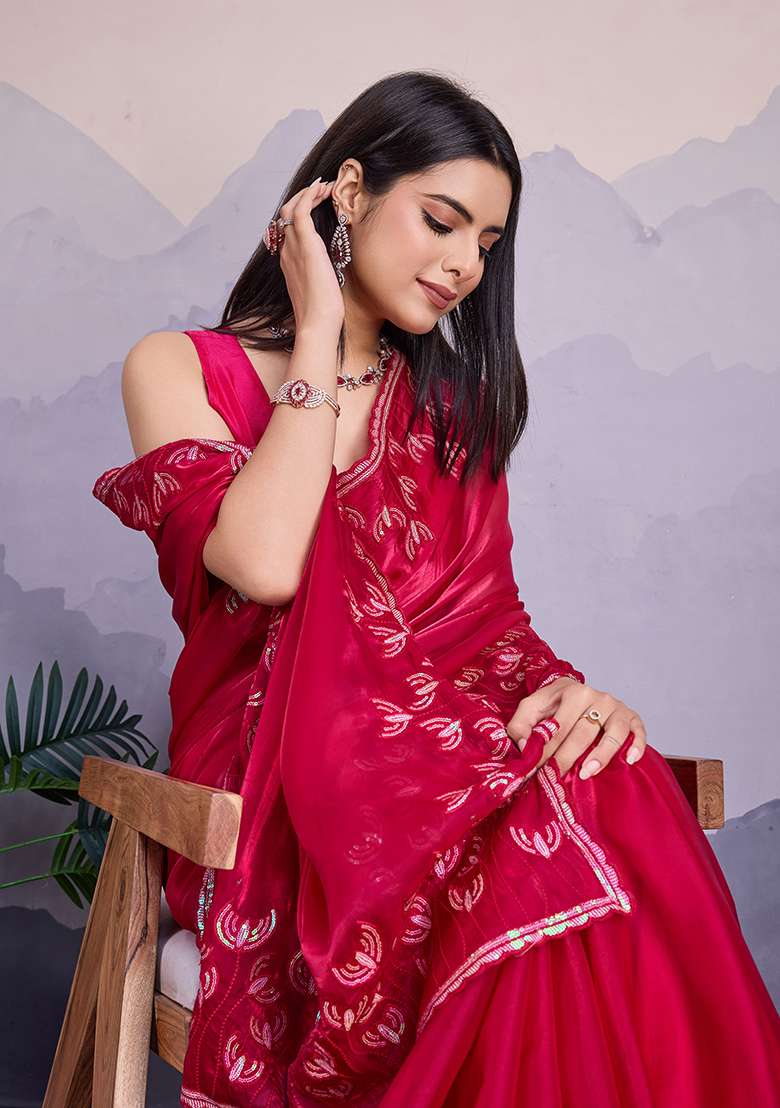 Pink Sequin Thread Embroidered Jimmy Silk Saree Set - Indya