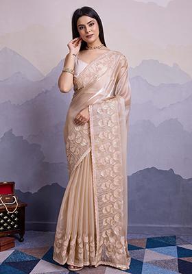 Beige Sequin Thread Embroidered Jimmy Silk Saree Set