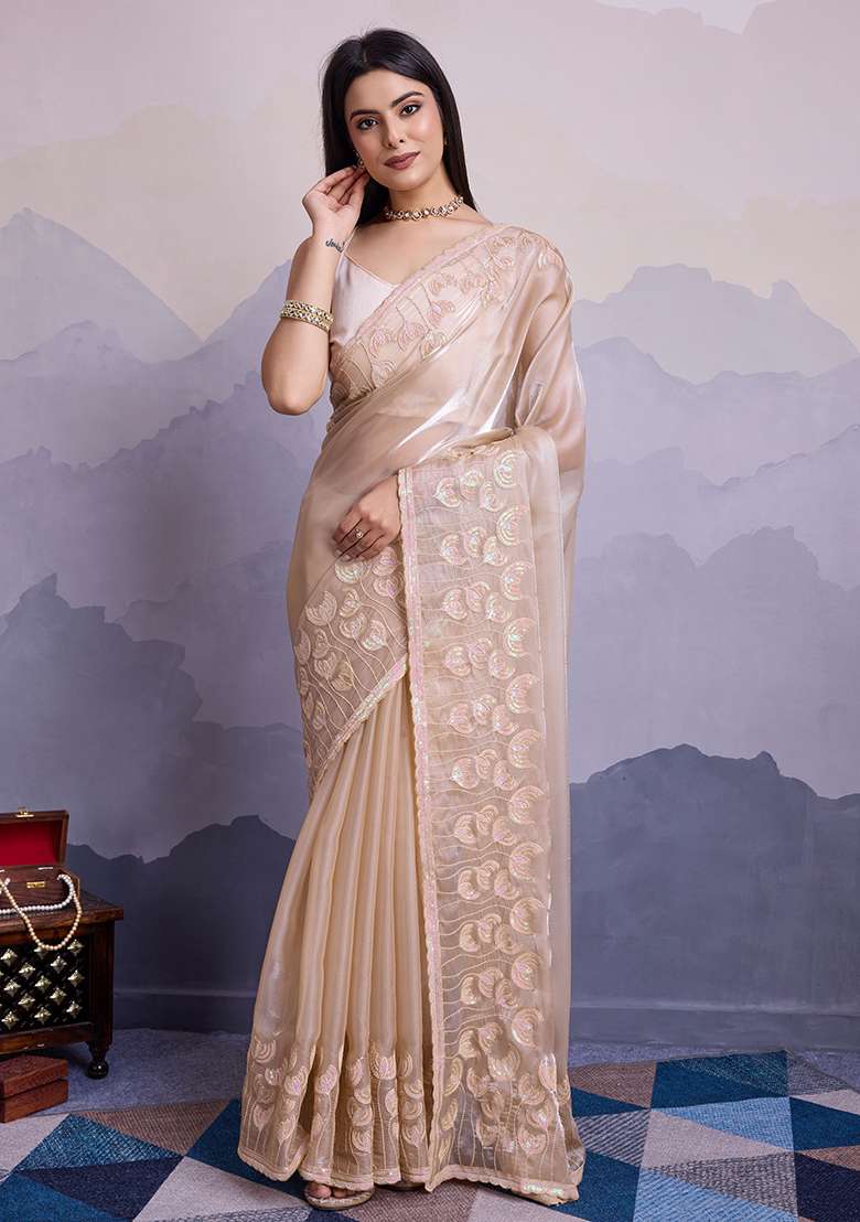 Beige Sequin Thread Embroidered Jimmy Silk Saree Set - Indya