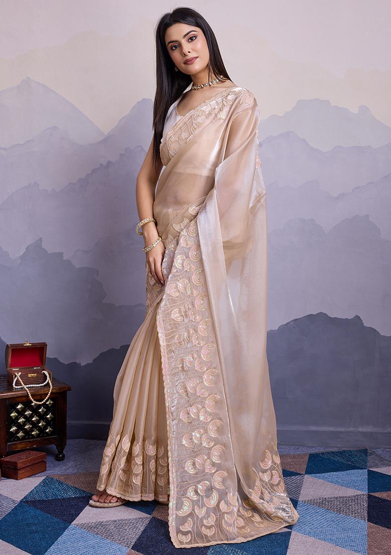 Beige Sequin Thread Embroidered Jimmy Silk Saree Set