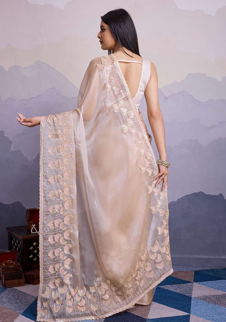 Beige Sequin Thread Embroidered Jimmy Silk Saree Set - Indya