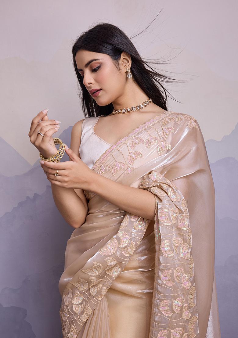 Beige Sequin Thread Embroidered Jimmy Silk Saree Set