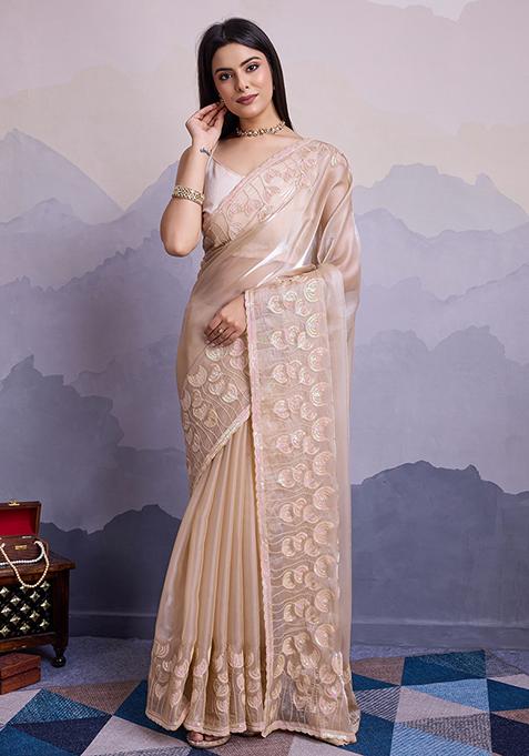 Beige Sequin Thread Embroidered Jimmy Silk Saree Set