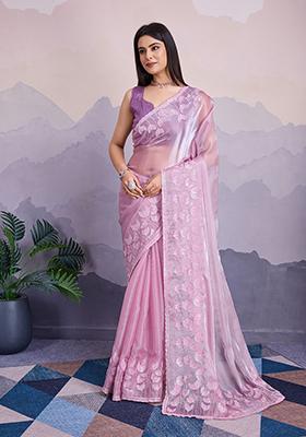 Purple Sequin Thread Embroidered Jimmy Silk Saree Set