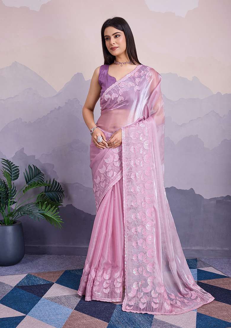 Purple Sequin Thread Embroidered Jimmy Silk Saree Set - Indya